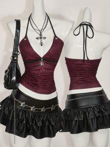 SHEIN ICON 女士夏季性感外出豹纹褶皱修身时尚露背吊带背心可爱夏季上衣，狂野上衣 - 紅色 - 查看 4