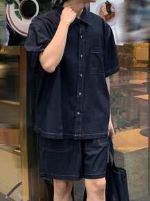 DAZY Summer Solid Blue Men Shirt And Shorts Casual 2 Pieces Set - Blue - View 4