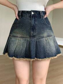 DAZY 女式复古水洗褶皱流苏下摆短款牛仔迷你裙牛仔裙秋冬 - 中等水洗藍 - 查看 3