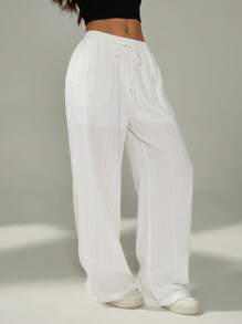 SHEIN PETITE Women Solid Color Waist-Tie Pockets Straight-Leg Pants,Business Casual Woman