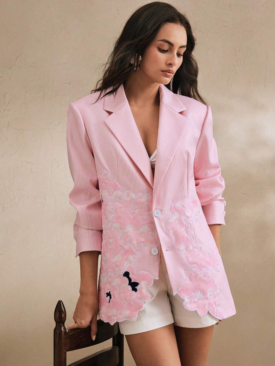 Anewsta 优雅海军蓝和白色条纹刺绣细节修身女士商务休闲西装外套 - 淺粉色 - 查看 1