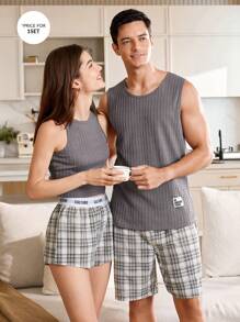 FamilyFrolics Men's Summer Minimalistic Letter Applique Textured Tank Top And Plaid Shorts Pajama Set - Dark Grey - View 4