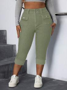 SHEIN SXY Quần Jeans Co Giãn Thời Trang Quần Thường Ngày Mùa Hè Cho Phụ Nữ Trang Phục Lễ Hội Capri Cho Phụ Nữ Gyaru Thường Ngày - xanh quân đội - Xem 3