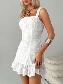 Easelle Women's Summer Clothing Vacation Romantic Bohemian Beach Casual Sweet White Embroidery Embroidery Front Tie Ruffles Small Flying Sleeves Suspender Mini Dress - White - View 6