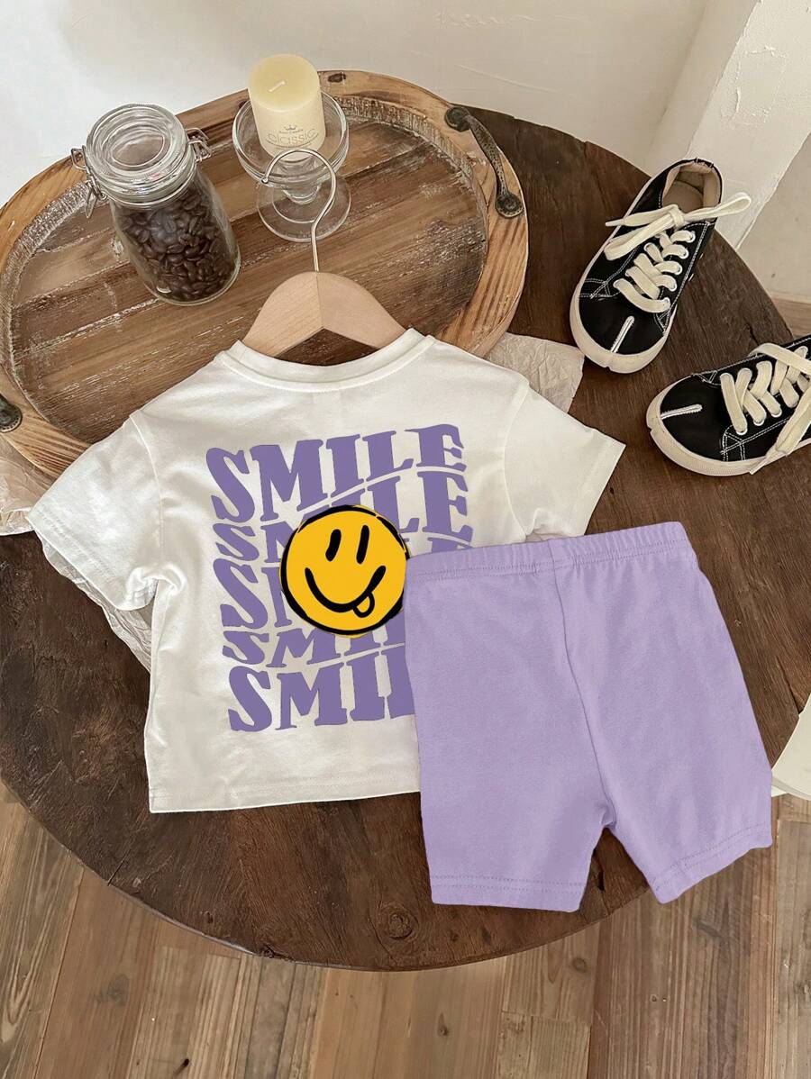 SHEIN Baby Girl Casual Minimalist Short Sleeve Outfit Set, Suitable For Spring & Summer - Multicolor - View 1