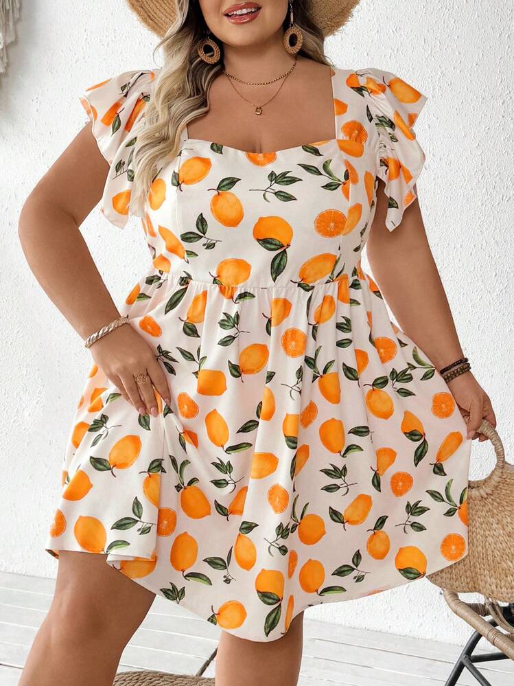 SHEIN CURVE+ Vestido mini de línea A con cuello corazón, mangas abullonadas y estampado de limón para mujer talla grande, estilo de vacaciones bohemio para el verano - Multicolor - Añade 3