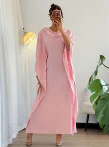 Chiquease Elegant Draped Neck Batwing Sleeve Solid Color Long Dress, Robe For Spring/Summer - Pink - View 4