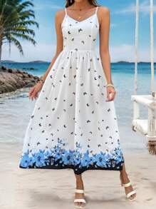SHEIN LUNE Women's Casual Butterfly Print Strap Mid-Calf Dress - Multicolor - View 6
