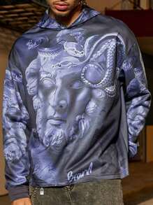 PAVTROS Manfinity Streetrush Men Street Style Large Pattern Full-Print Snake Plaster Human Head Hooded Sweatshirt, Suitable For Friends, Boyfriends - Black - View 4