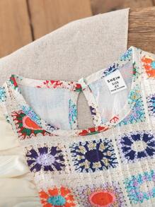 SHEIN 2pcs/Set Young Girl Summer Retro Print & Ruffle Trim Halter Top And Flare Pants Set - Apricot - View 5