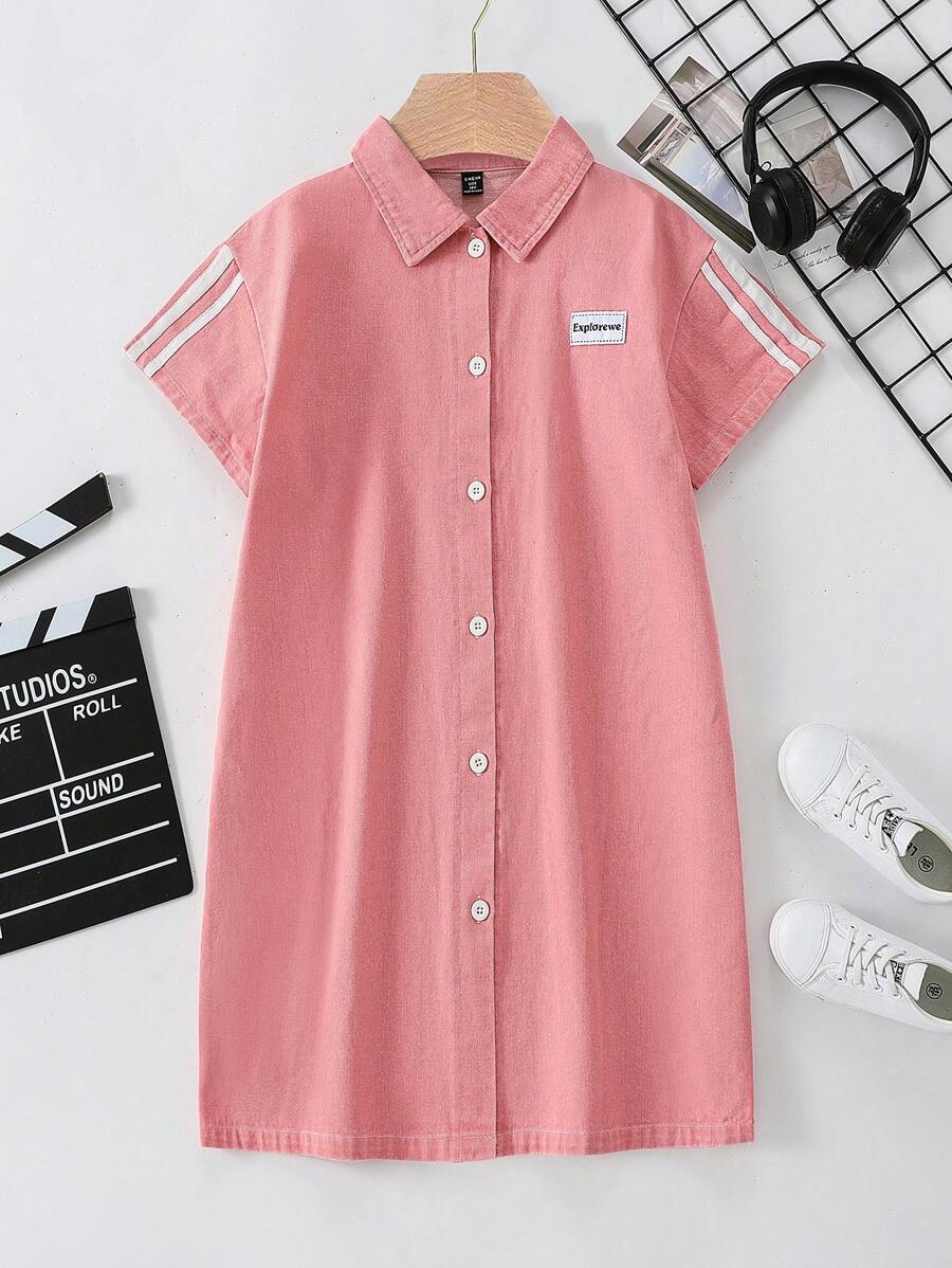 SHEIN Explorewe Tween Girls' Summer Denim Dress With Button Front & Patch Designs Cheap Shirts For Girls Shirt For Girls Casual Girls Dress Casual Dresses For Girls