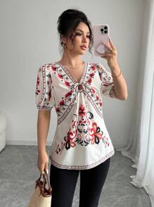 Elenzga Blusa con estampado floral, manga abullonada y nudo adelante para mujer, ideal para vacaciones