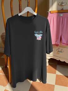 SHEIN Teen Girl Summer Vibes Palm Tree & Sunflower Print Round Neck Short Sleeve Vacation T-Shirt, Black - Black - View 3