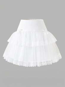 SHEIN Tween Girls Elegant Bow Lace Trim A-Line Skirt, Suitable For Spring/Summer,Holiday,Summer,Travel - White - View 1