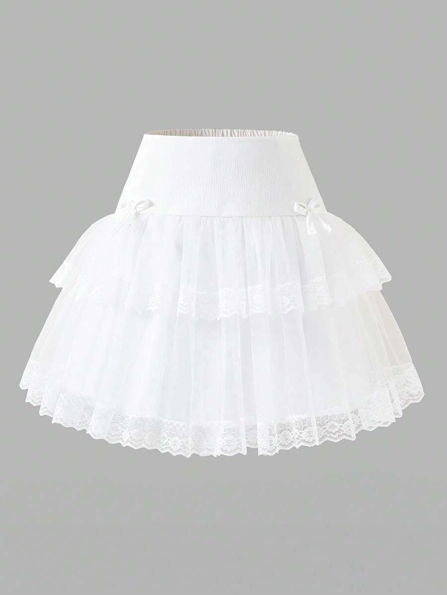 SHEIN Tween Girls Elegant Bow Lace Trim A-Line Skirt, Suitable For Spring/Summer,Holiday,Summer,Travel - White - View 1