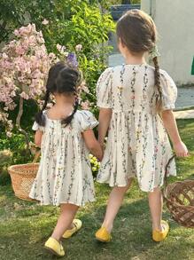 LMoss Kids LMoss  Baby Girl Ditsy Floral Round Neck Puff Sleeve Fitted Casual Dress Sisters Outfit,Suitable For Spring And Summer Spring And Summer Spring Dresses For Girls Baby Spring Dress Baby Girl Cute Dress Toddler Spring Dresses Toddler Girl Bodysuit  Suitable For Spring And Summer - Multicolor - View 2