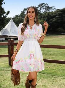 SHEIN LUNE Vestido camisero de manga farol con cuello en V, cintura fruncida y vuelo en la Bottom con estampado floral, vestido corto elegante para uso casual u ocasiones especiales - Multicolor - Ver 6