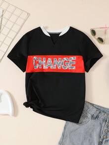 Camiseta de manga curta com decote em V combinando com a família, design casual moderno com cores contrastantes, tops soltos esportivos vintage com estampa de letras para mulheres, adequados para passeios, reuniões familiares, férias, uso casual - Multicolorido - Ver 1