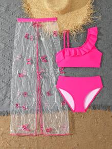 青少年女童比基尼套装，3 件套女童泳装套装，单肩比基尼套装和透视裙，带 3D 蝴蝶装饰，时尚荷叶边休闲海滩度假夏季服装套装女童沙滩装女童夏季沙滩装 - 玫紅色 - 查看 4
