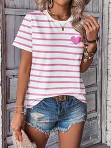SHEIN LUNE Casual Minimalist Pink Striped Heart Pattern Round Neck Short Sleeve Loose Women T-Shirt, Suitable For Summer