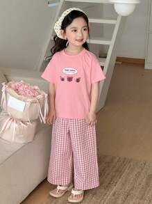 DAZY Young Girl 少女圆领针织印花短袖T恤+格子长裤家居服 春夏 - 粉色 - 查看 5