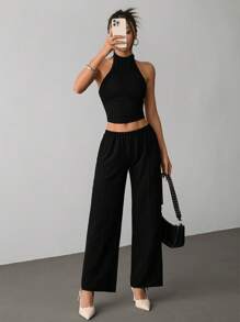 SHEIN PETITE Conjunto de 2 piezas de top de punto sin espalda con cuello halter y pantalones largos de unicolor para mujer - Negro - Ver 1