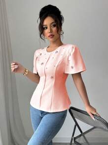 Elenzga Camisa de mujer con cuello redondo, ajustada, de manga corta y de un solo color, con detalles de cristales rhinestone - Rosa - Ver 4
