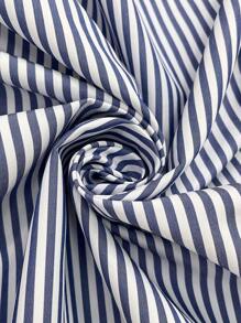 SHEIN CURVE+ 女士加大独特设计泡泡袖条纹衬衫，优雅专业办公室夏季 - 藍色 - 查看 6