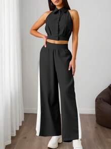 Slaydiva 2pcs/Set Women Sleeveless Top And Wide-Leg Pants Set - Black - View 5