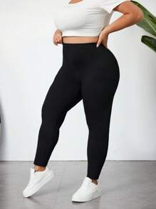 SHEIN CURVE+ 加大码女式基本款紧身裤，可调节松紧腰身，曲线加大，波西米亚度假风 - 黑色 - 查看 6