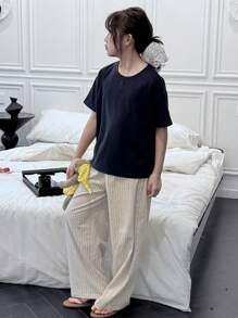 DAZY 2pcs Tween Girl Fall Outfit Set - Girl's Round Neck Short Sleeve Knit T-Shirt + Woven Striped Pants, Spring/Summer - Navy Blue - View 4