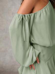 Vestido corto informal para mujer con cuello asimétrico, mangas farol y volante en el bajo, atuendo casual para brunch, vestidos de mujer para otoño, vestido para fiesta de té - verde menta - Ver 6