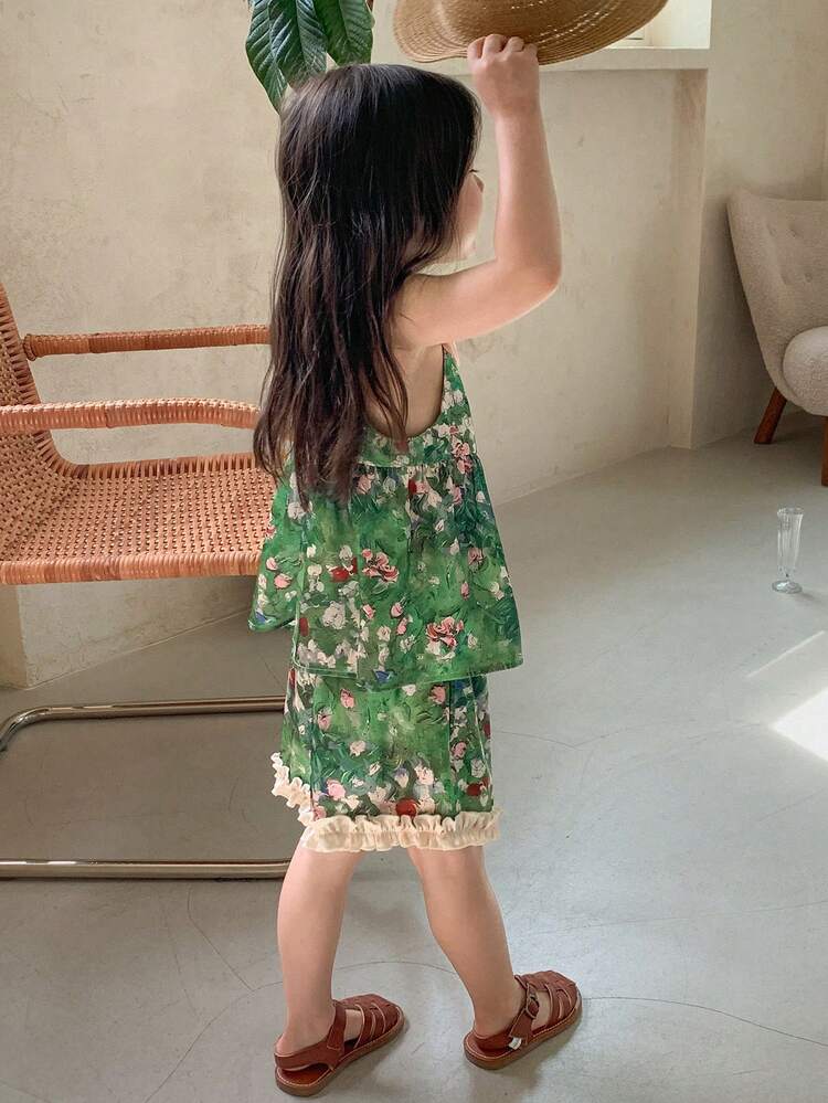 2pcs Young Girl Girls Chiffon Sleeveless Ditsy Floral Top And Shorts Set, Summer