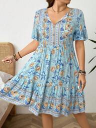 SHEIN LUNE Plus Size Floral Print Tie Neck Casual Vacation Short Sleeve Dress Plus Size Women Casual Cashew Ditsy Floral Short Sleeve Holiday Dress Vacation Style Bohemian Dress,Summer Dresses For Women Plus Size Boho Dress Plus Size Summer Dress Plus Size Floral Dress Fall Women Clothes School Clothes Teacher Outfits For Women Country Outfits Women Fall Clothes For Women Fall Outfits Women Dresses For Women Casual Bandana Surplice Neck Pocket Belted Flutter Hem Maxi Dress