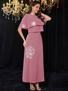 Modelyn 女士优雅圆领针织斗篷和裙子两件套，时尚修身 - 藕粉色 - 查看 6