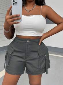 SHEIN EZwear Plus Size Black Utility Casual Versatile Shorts For Summer - Dark Grey - View 4