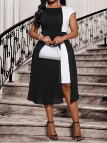 SHEIN Lady Vestido elegante casual de primavera y verano con estampado bohemio en color negro y contraste, cuello redondo, tejido de punto y gasa, cintura con efecto de patchwork, bajo ancho y elegante, talla grande, atuendo para vacaciones, atuendo de playa, vestido de boda, vestido de fiesta para mujer