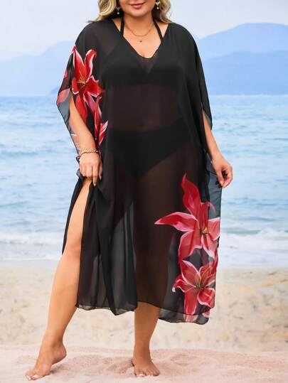 Swim Lushoire 大码女式花卉印花宽松圆领沙滩罩衫