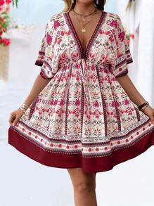 Breezaya Vintage-Blumenmuster V-Ausschnitt Taille gerafft Ärmel Kleid, modischer Frühlings-/Sommer-Urlaubsstil - Rot - Übersicht 5