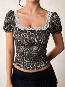Glamine Damen T-Shirt mit Leoparden Muster, Rüschenabschluss am Kragen und Kurzarm - Verschiedenfarbig - Übersicht 3