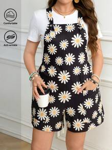 SHEIN LUNE 大码黑色套头短裤，带口袋和小向日葵图案，适合春夏季 - 黑色 - 查看 2