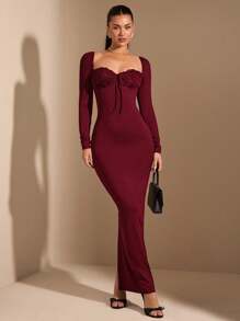SHEIN BAE Top corto de encaje de manga larga con cuello cuadrado minimalista negro para mujer, vestido elegante y sencillo para otoño/invierno/principios de primavera, adecuado para el Día de San Valentín, fiestas, citas, dama de honor, ocasiones formales, uso diario