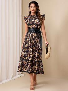 Almamuse Women's Elegant Floral Print Cinched Waist Dress - Multicolor - View 6