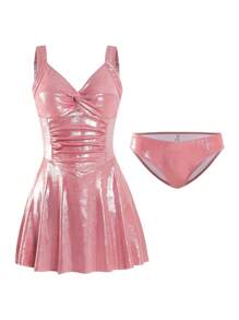 SHEIN Swim 2 件套女士新款海滩修身分体泳衣，带裙子和扭背，性感夏季沙滩装比基尼 - 淺粉色 - 查看 1