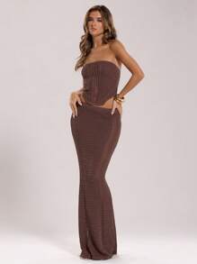 SHEIN BAE 2 pezzi/Set Donna Top a Canotta e Gonna Monocolore, Estivo - Caffè Marrone - Visualizzare 1