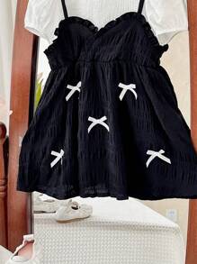 SHEIN 2 pièces Ensemble robe à bretelles mignonne avec nœud papillon et Top à manches courtes pour bébé fille, été