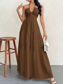 Firerie Women's Crinkle Halter Backless Dress With Tie Back Closure, For Vacation, Wedding, Event,Summer Dresses For Women - Chocolate Brown - View 5