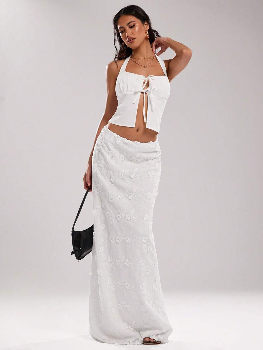 SHEIN BAE 女士夏季休闲刺绣提花低腰半身裙，适合海滩派对、度假、休闲 - 白色 - 查看 1