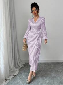 Modelyn Women's Light Purple Leopard Print Satin Jacquard Surplice Wrap Front Tie Waist Bodycon Long Sleeve Dress
