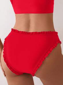 SHEIN Swim Women's Summer Holiday Solid Color Ruffle Triangle Bikini Bottom - Red - View 2